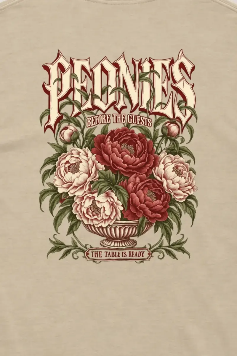 "Peonies Before the Guests" Unisex Longsleeve T-shirt - the graphic up close