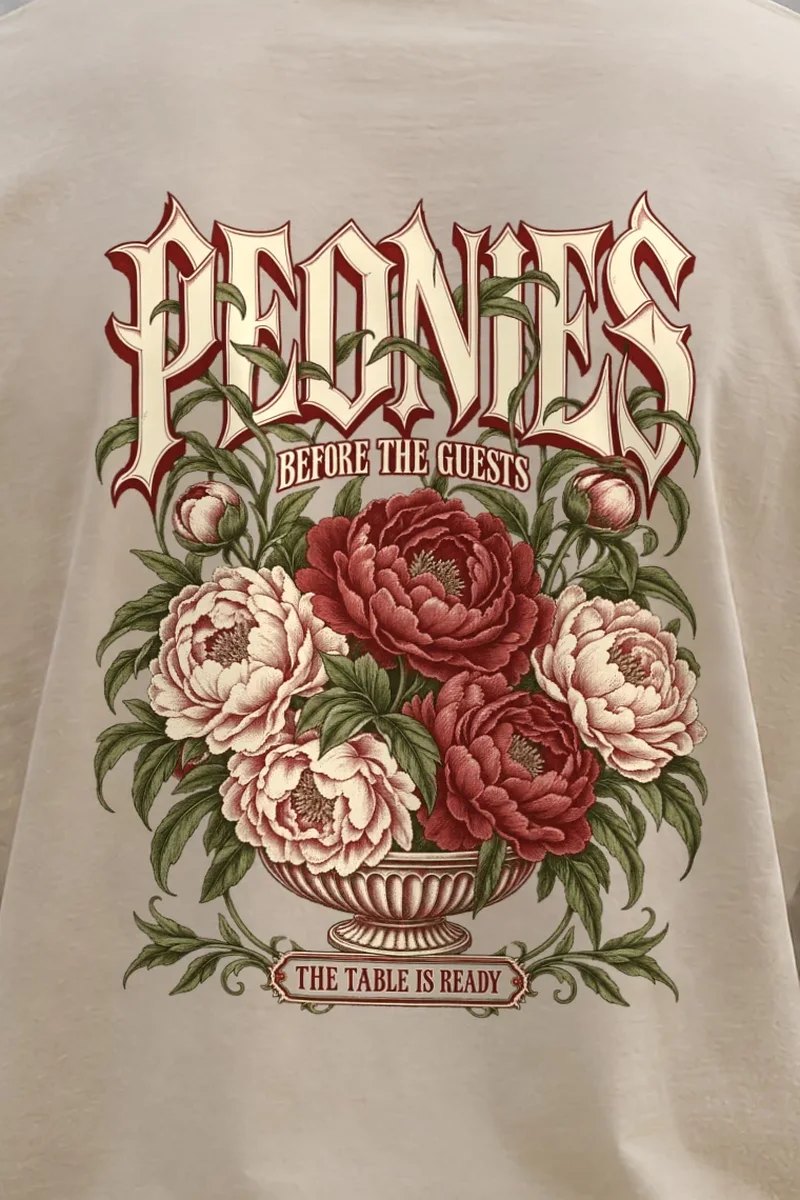 "Peonies Before the Guests" Unisex Longsleeve T-shirt - the graphic up close