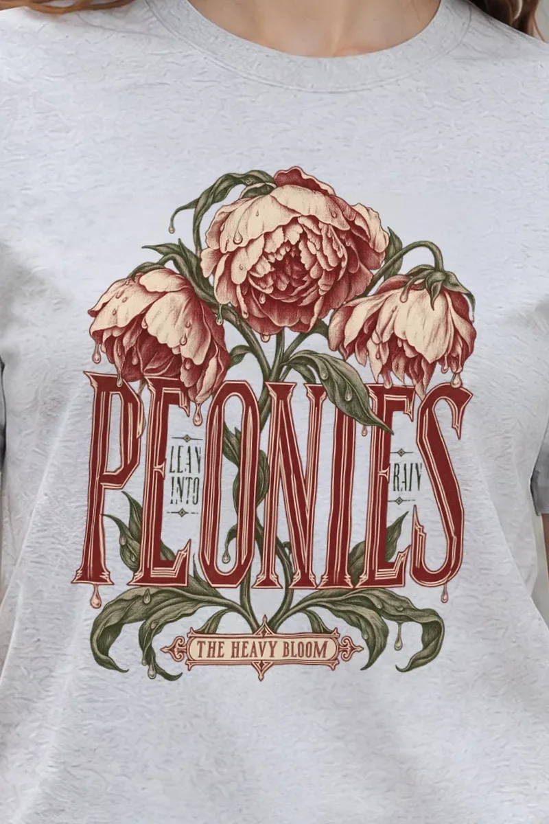 "Peonies Lean Into Rain" Heavyweight Unisex Crewneck T-shirt - the graphic up close