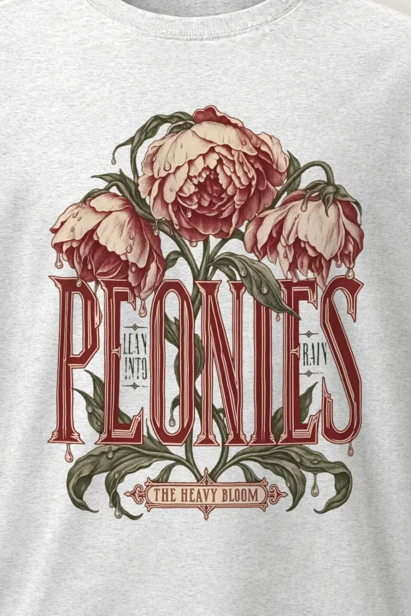 "Peonies Lean Into Rain" Heavyweight Unisex Crewneck T-shirt - the graphic up close
