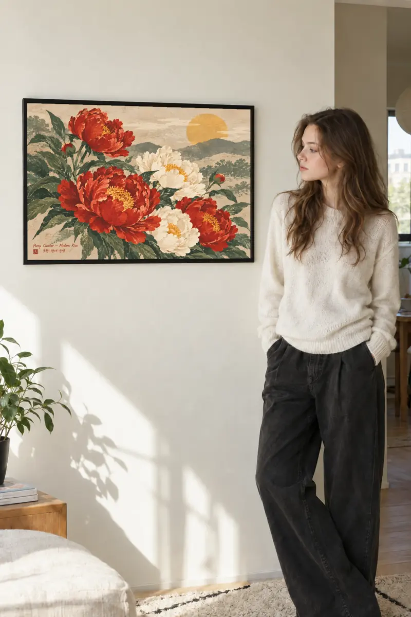 “Peony Cluster — Modern Rise” Premium Wooden Framed Poster · Landscape