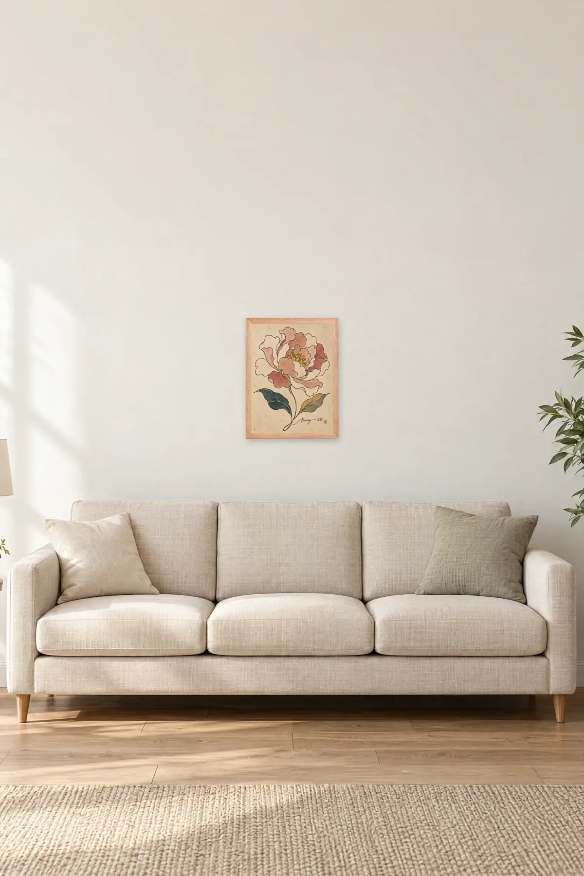 "Peony 모란" Premium Wooden Framed Poster — Natural Wood frame, 12 × 16 in