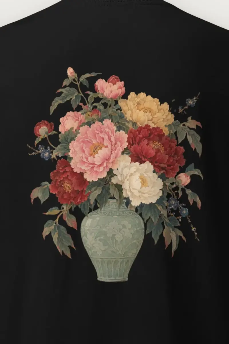 "Peony Vase with Floral Branches" Heavyweight Unisex Crewneck T-shirt - the graphic up close