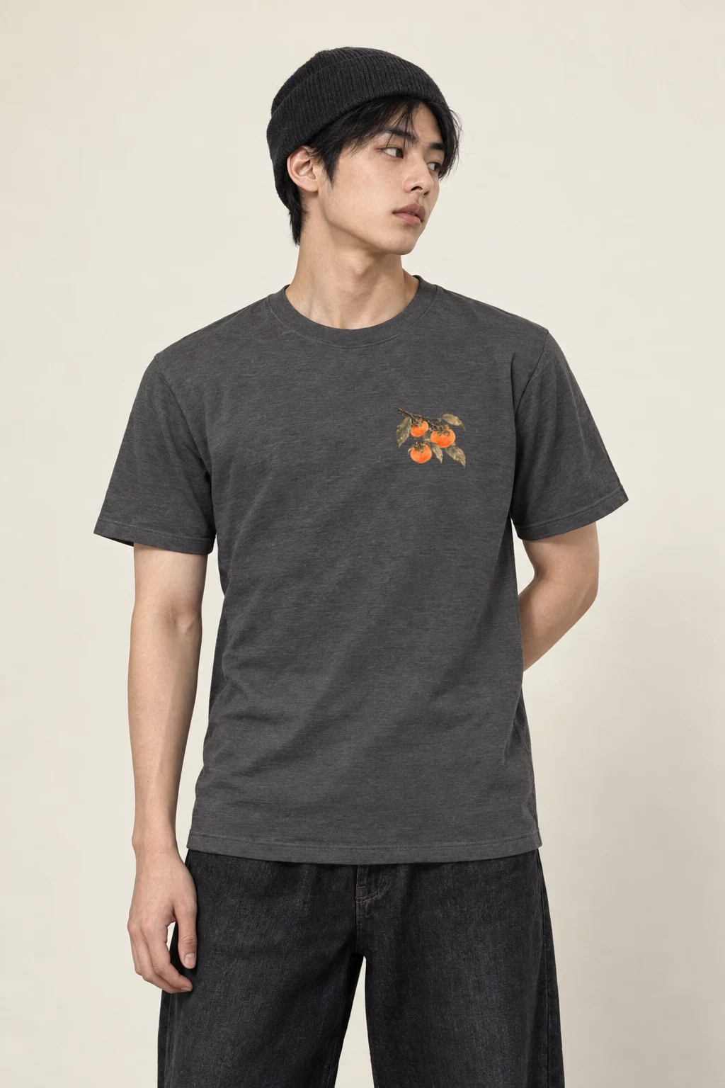 "Persimmon Branch on Grey" Heavyweight Unisex Crewneck T-shirt