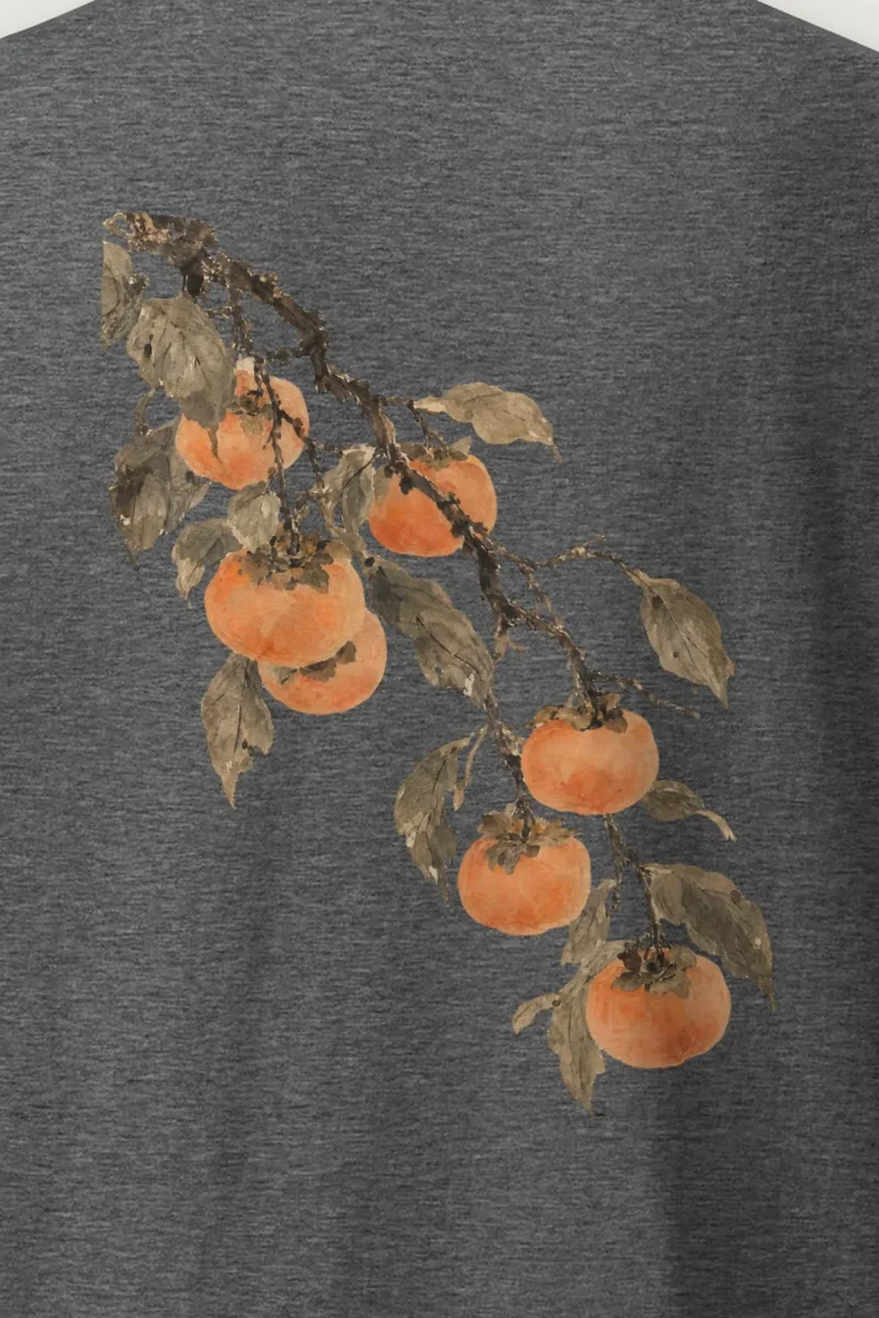 "Persimmon Branch on Grey" Heavyweight Unisex Crewneck T-shirt - the graphic up close