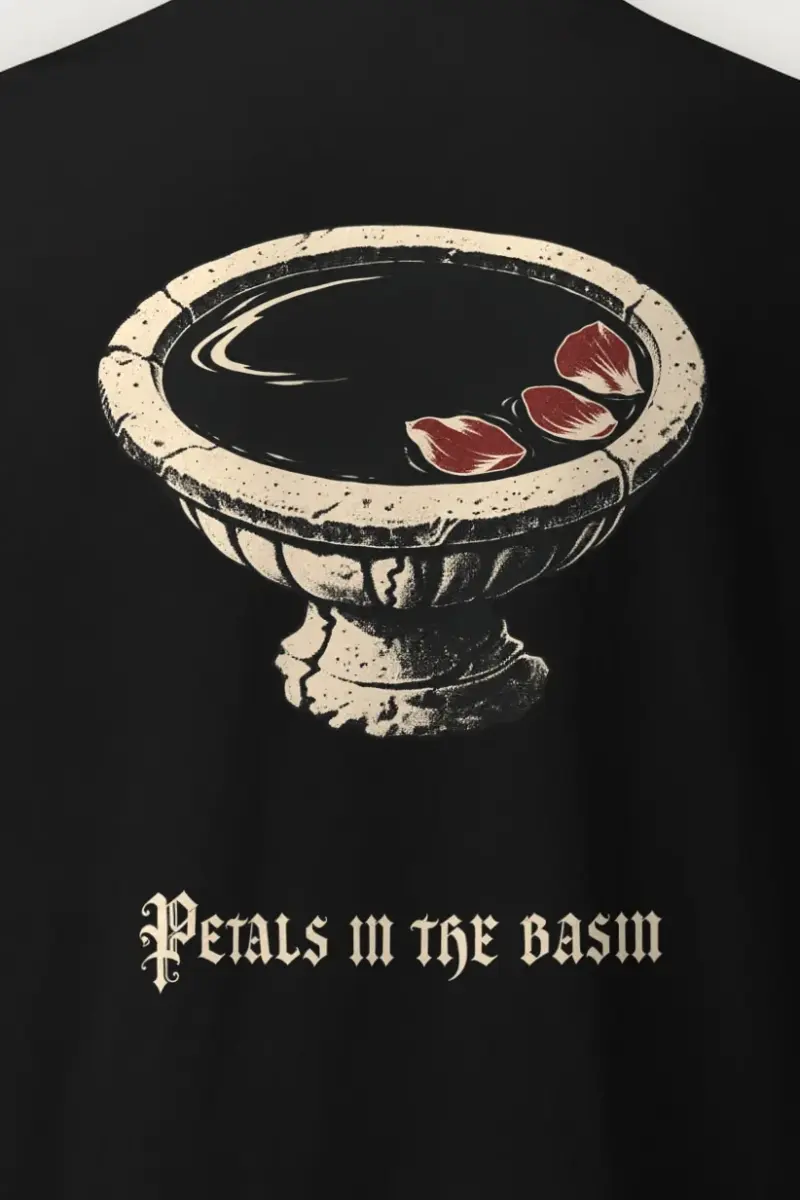 "Petals in the Basin" Heavyweight Unisex Crewneck T-shirt - the graphic up close