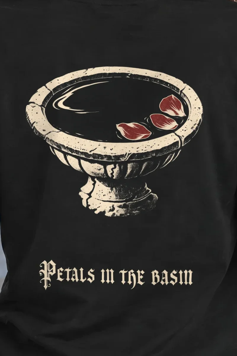 "Petals in the Basin" Heavyweight Unisex Crewneck T-shirt - the graphic up close