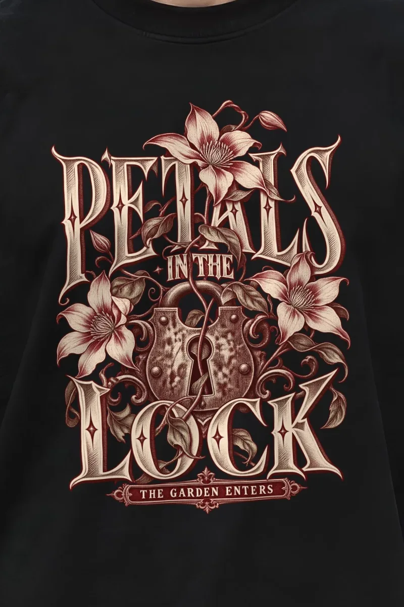 "Petals in the Lock" Men’s Oversized Heavyweight Crewneck T-Shirt - the graphic up close
