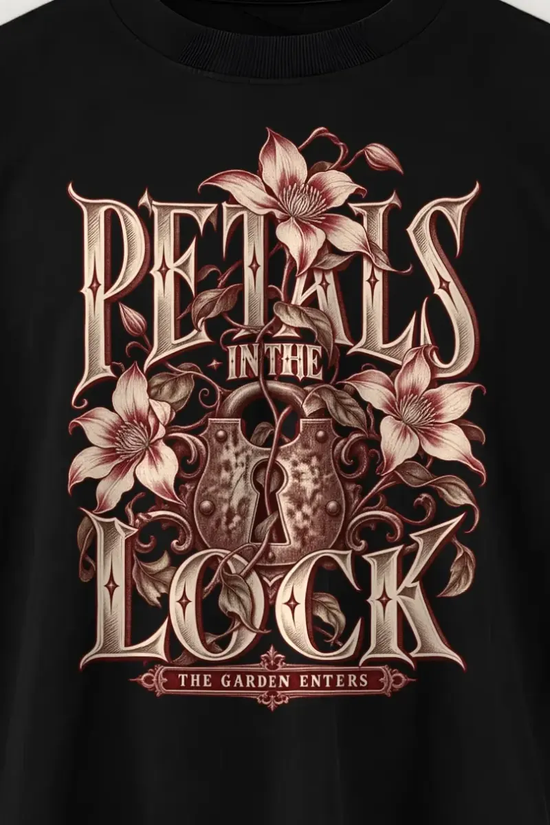 "Petals in the Lock" Men’s Oversized Heavyweight Crewneck T-Shirt - the graphic up close