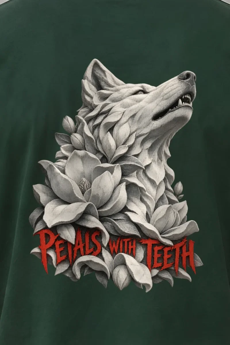 "Petals With Teeth" Heavyweight Unisex Crewneck T-shirt - the graphic up close