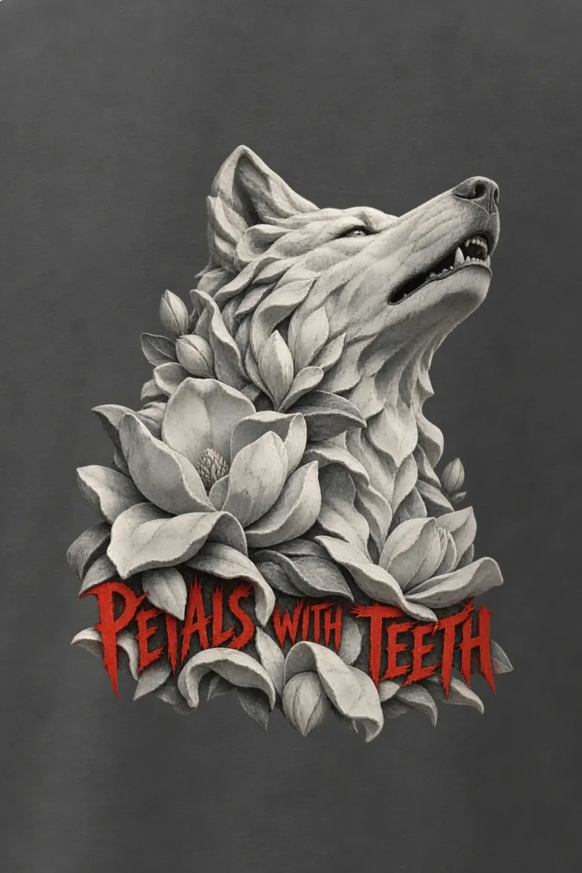 "Petals With Teeth" Men’s Oversized Heavyweight Crewneck T-Shirt - the graphic up close