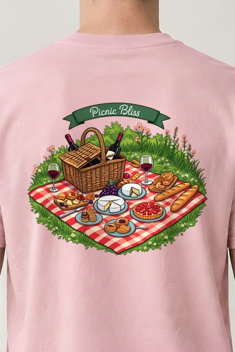 "Picnic Bliss" Heavyweight Unisex Crewneck T-shirt - the graphic up close