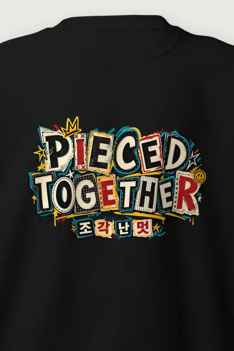 "Stitched Patchwork Lettering Crew" Heavy Blend Unisex Crewneck Sweatshirt - the graphic up close