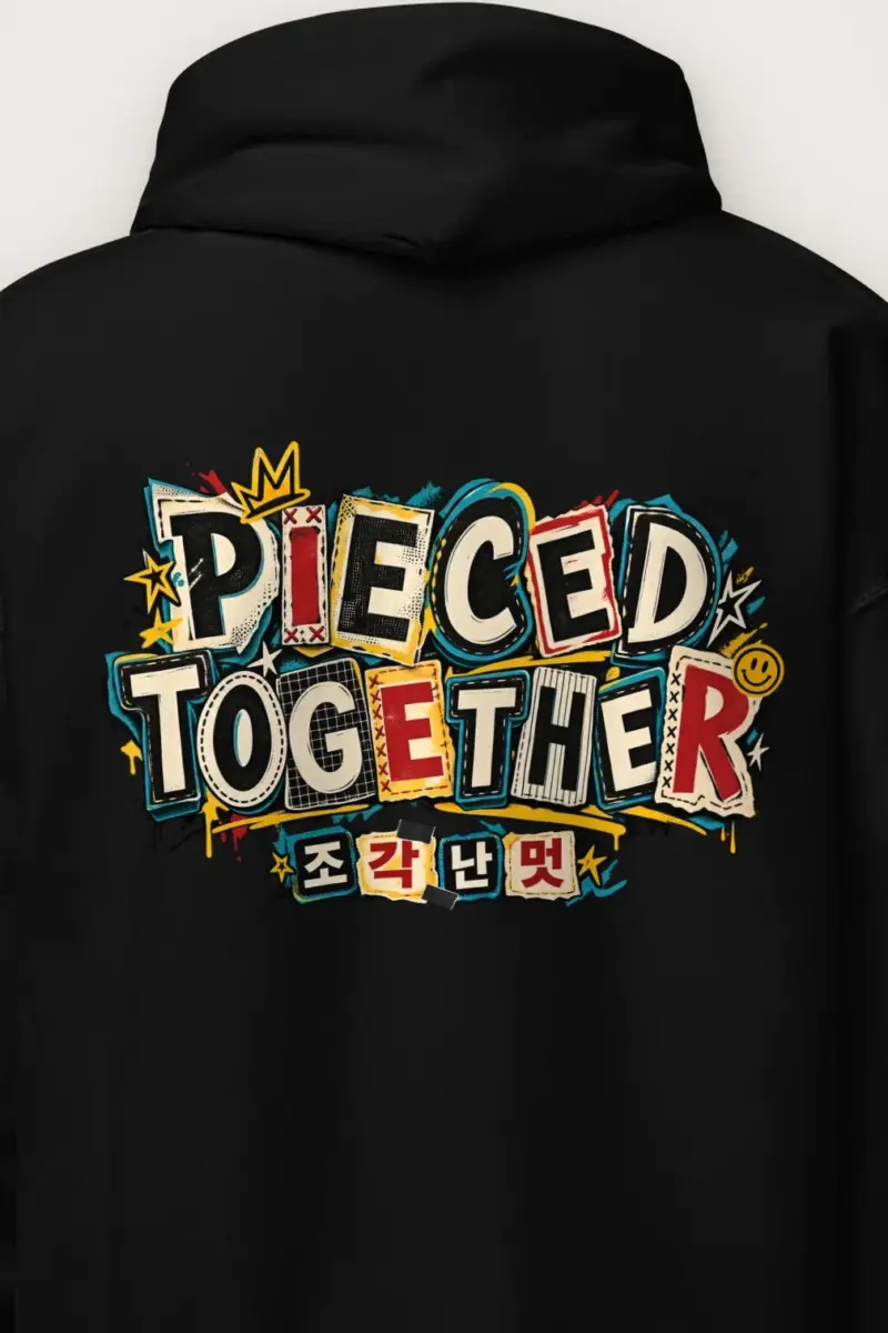 "Pieced Together Street Patchwork" Heavy Blend Unisex Pullover Hoodie - the graphic up close