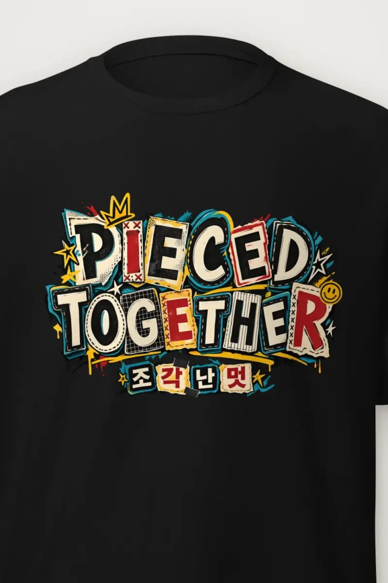"Patchwork Pieced Graffiti" Heavyweight Unisex Crewneck T-shirt - the graphic up close