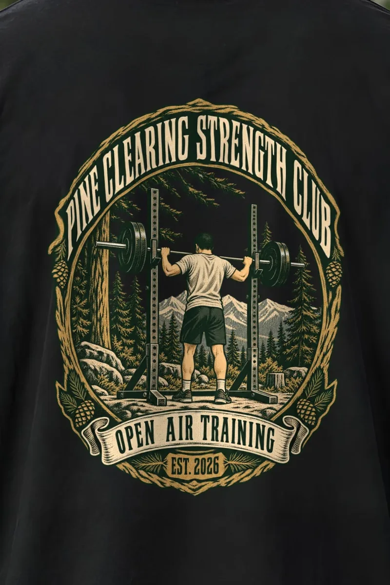 "Pine Clearing Strength Club" Men’s Oversized Heavyweight Crewneck T-Shirt - the graphic up close