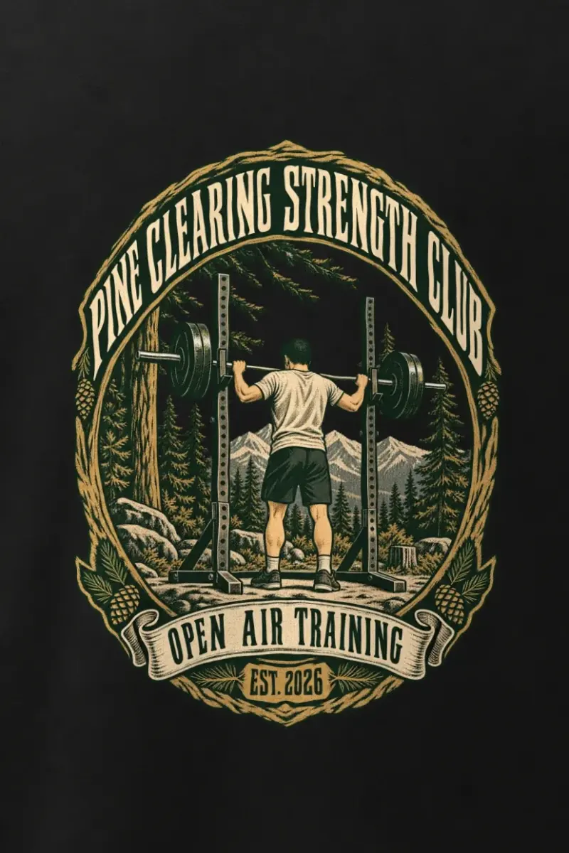 "Pine Clearing Strength Club" Men’s Oversized Heavyweight Crewneck T-Shirt - the graphic up close