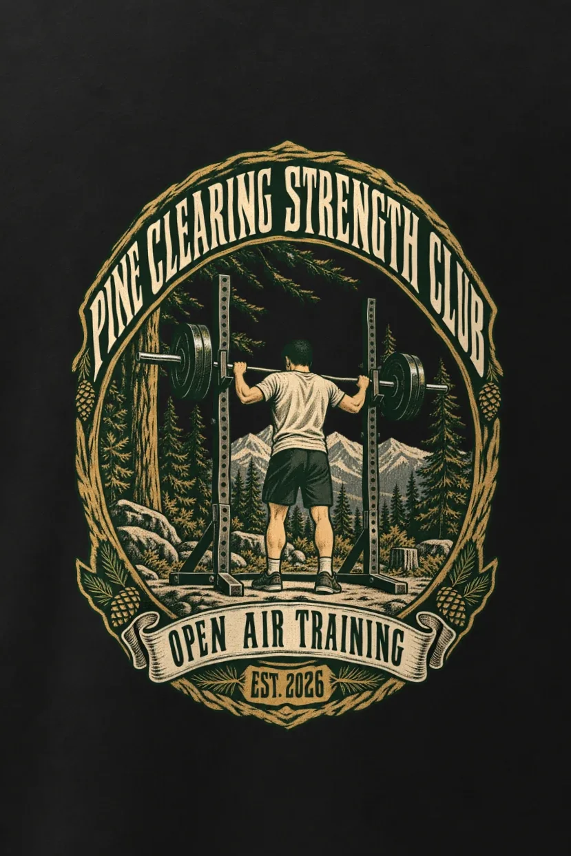"Pine Clearing Strength Club" Men’s Oversized Heavyweight Crewneck T-Shirt - the graphic up close