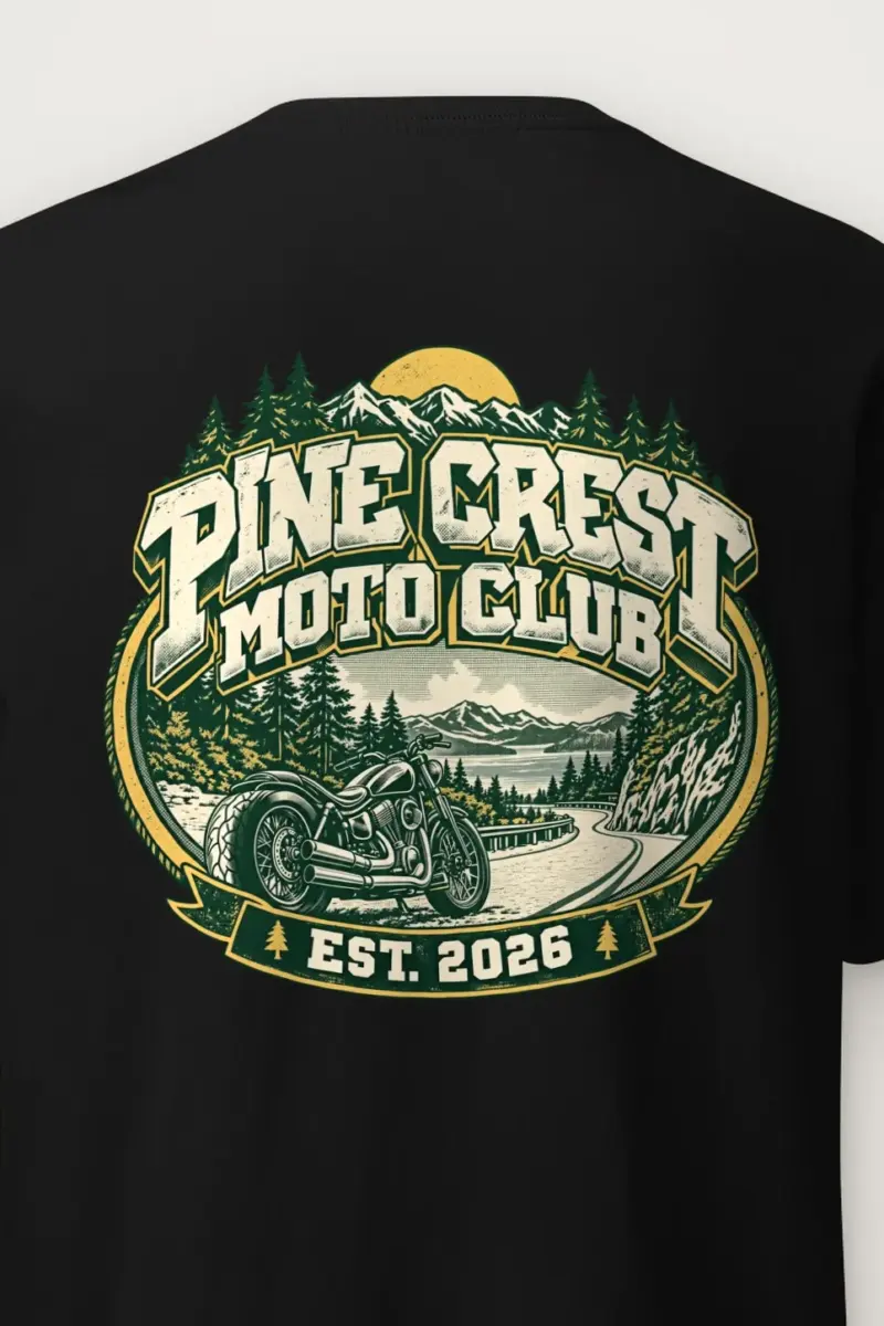 "Pine Crest Moto Club" Heavyweight Unisex Crewneck T-shirt - the graphic up close
