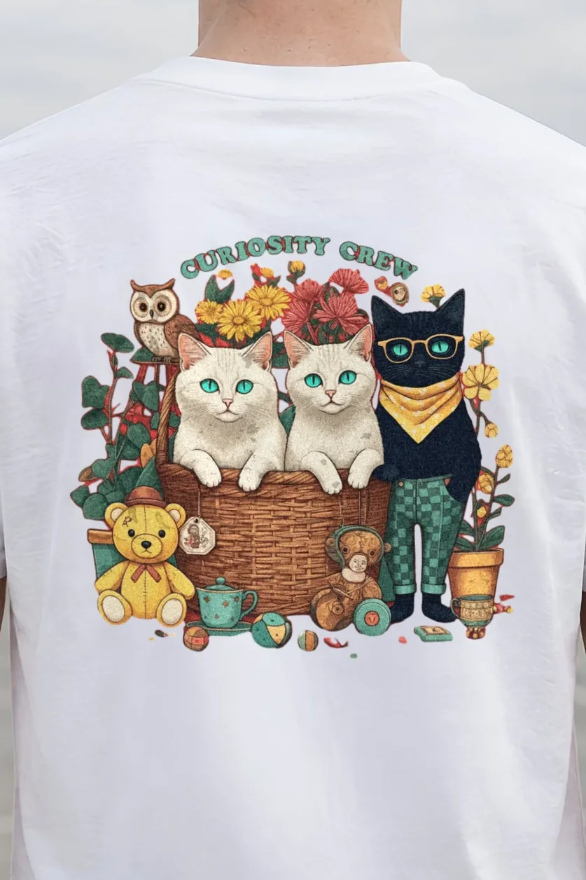 "Playroom Cat Parade" Heavyweight Unisex Crewneck T-shirt - the graphic up close