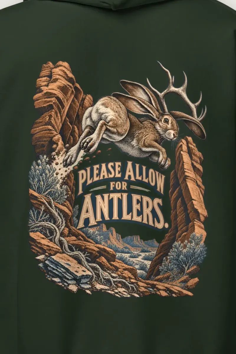 "Please Allow for Antlers" Heavy Blend Unisex Pullover Hoodie - the graphic up close