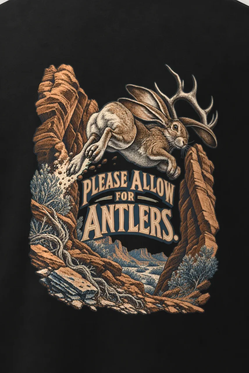 "Please Allow for Antlers" Men’s Oversized Heavyweight Crewneck T-Shirt - the graphic up close
