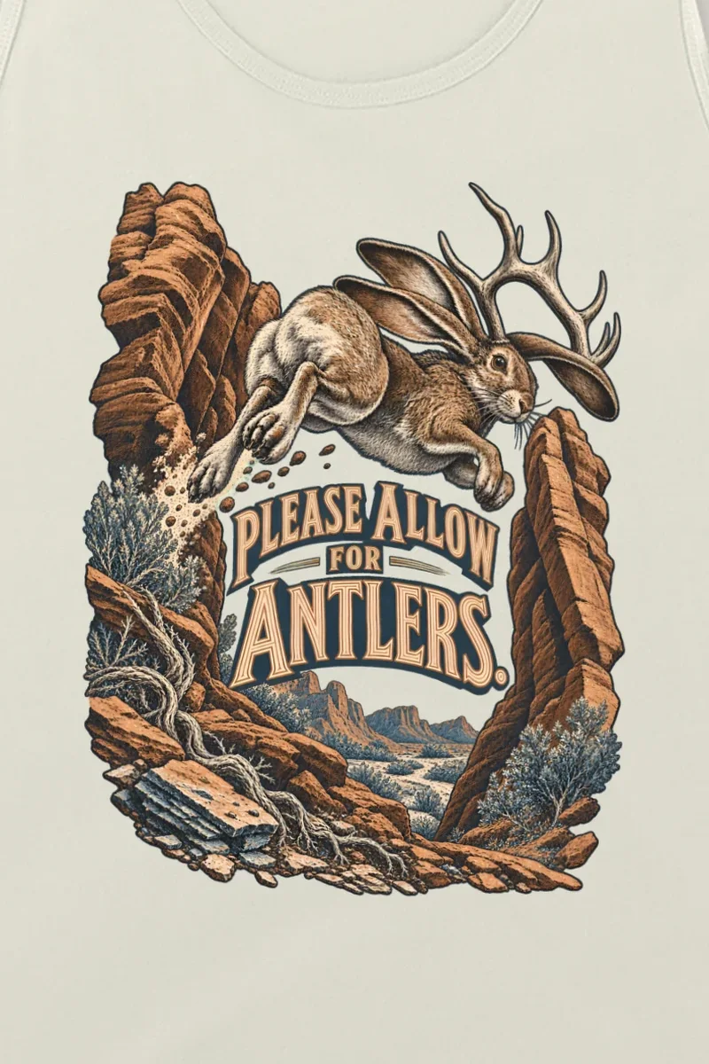 "Please Allow for Antlers" Unisex Jersey Tank - the graphic up close