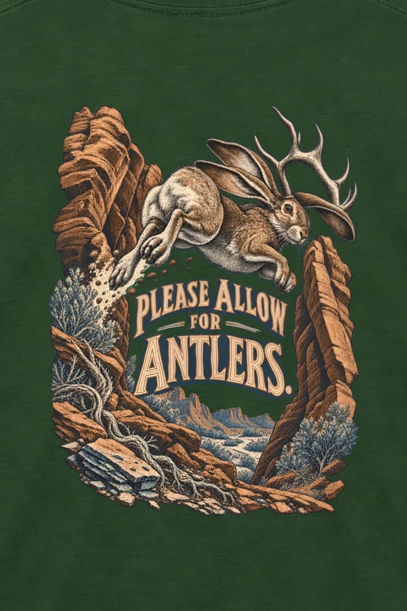 "Please Allow for Antlers" Unisex Longsleeve T-shirt - the graphic up close