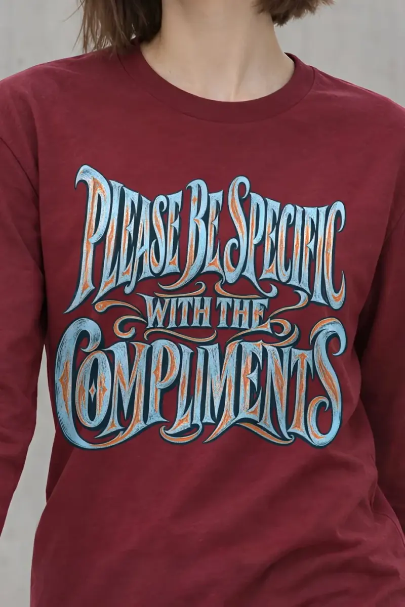 "Please Be Specific" Unisex Longsleeve T-shirt - the graphic up close