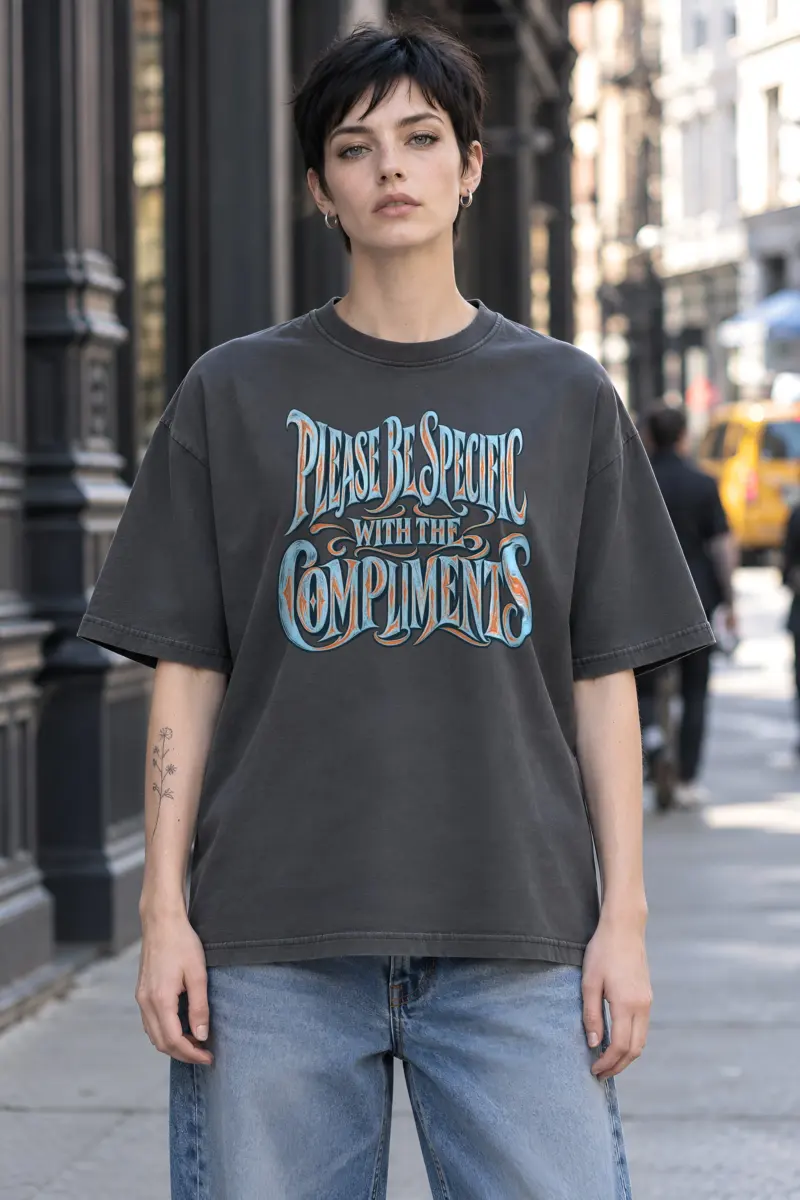 "Please Be Specific With The Compliments" Unisex Oversized Heavyweight Crewneck T-Shirt