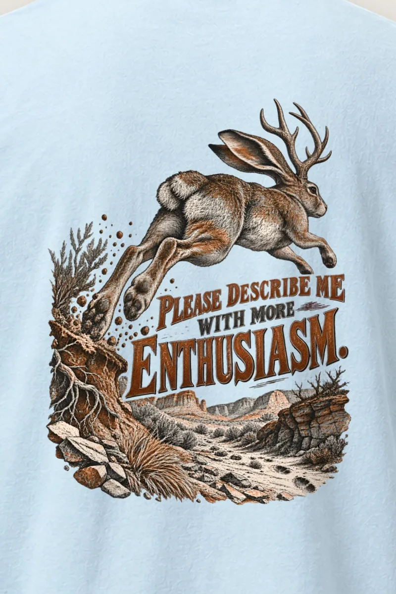 "Please Describe Me With More Enthusiasm" Heavyweight Unisex Crewneck T-shirt - the graphic up close