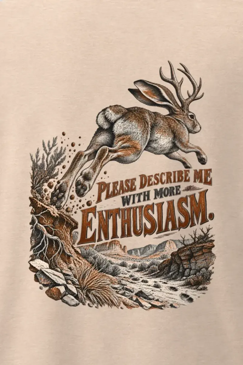 "Please Describe Me With More Enthusiasm" Men’s Oversized Heavyweight Crewneck T-Shirt - the graphic up close