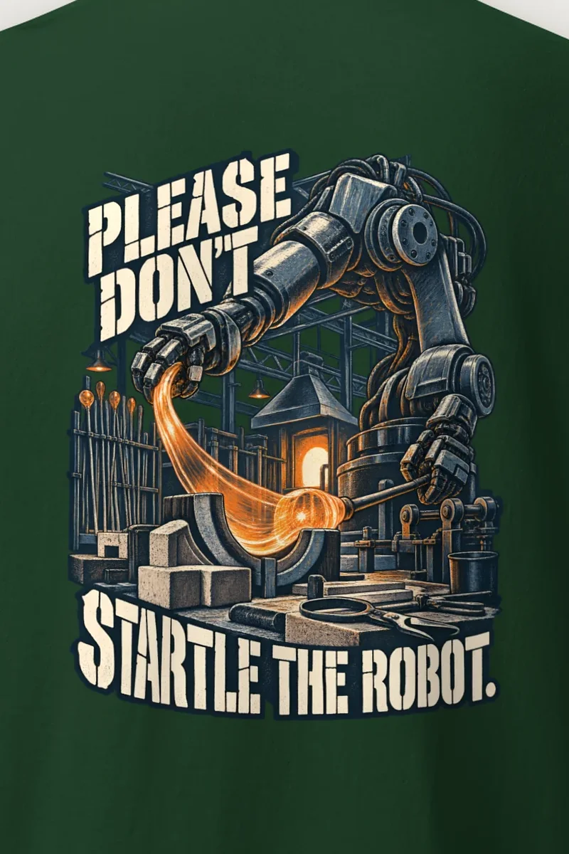 "Please Don’t Startle the Robot" Heavyweight Unisex Crewneck T-shirt - the graphic up close