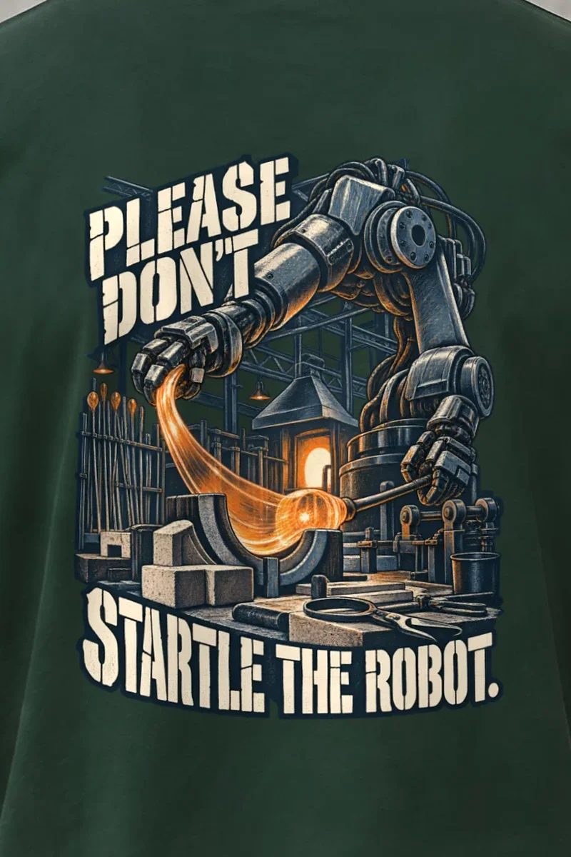"Please Don’t Startle the Robot" Heavyweight Unisex Crewneck T-shirt - the graphic up close