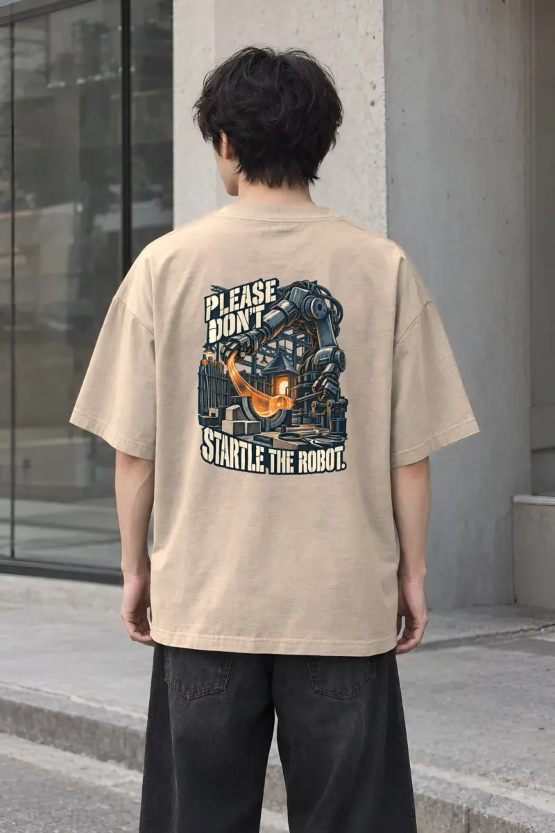 "Please Don't Startle the Robot" Men's Oversized Heavyweight Crewneck T-Shirt