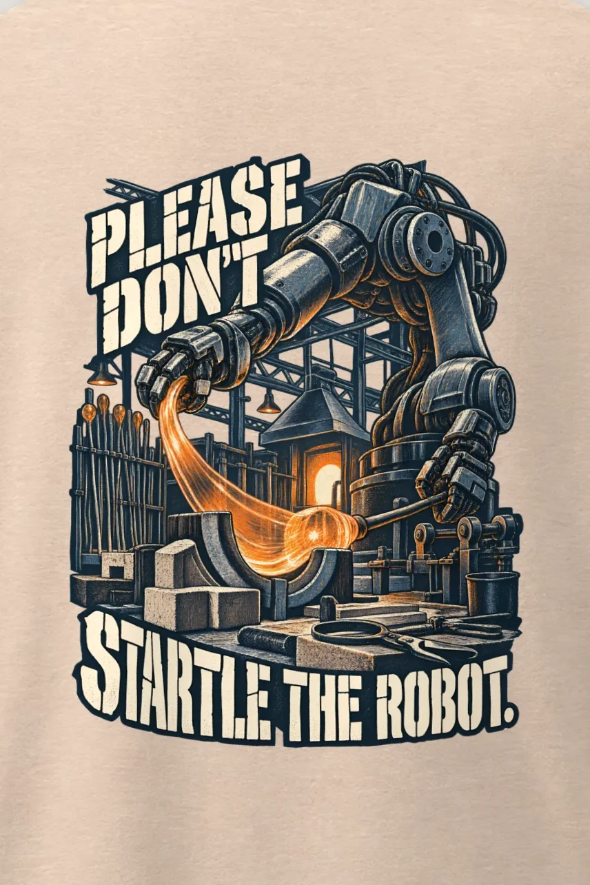 "Please Don’t Startle the Robot" Men’s Oversized Heavyweight Crewneck T-Shirt - the graphic up close