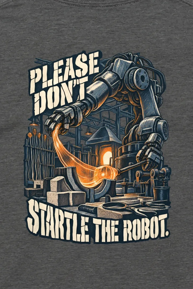 "Please Don’t Startle the Robot" Unisex Longsleeve T-shirt - the graphic up close