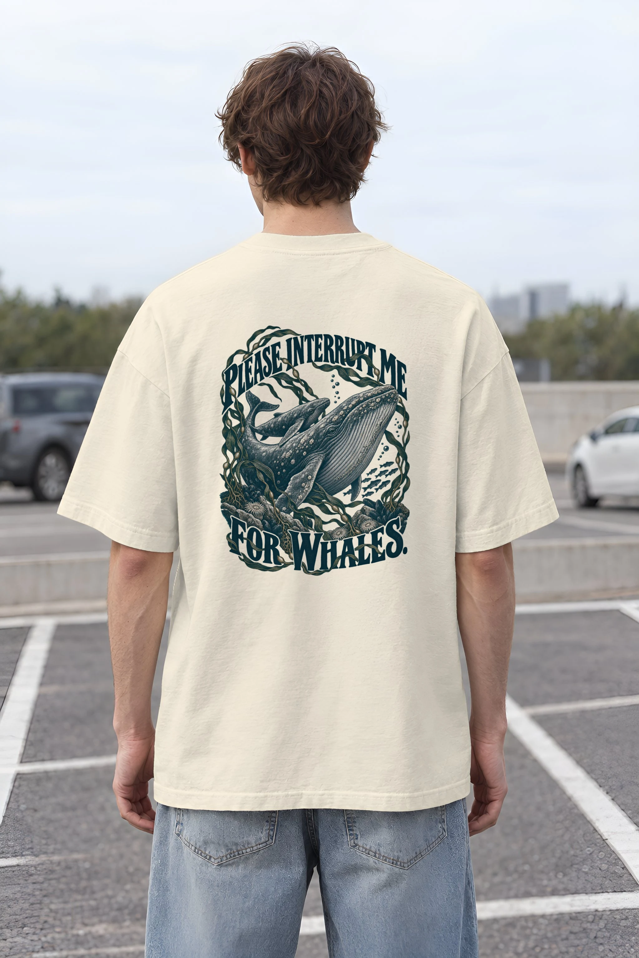 "Please Interrupt Me for Whales" Men's Oversized Heavyweight Crewneck T-Shirt