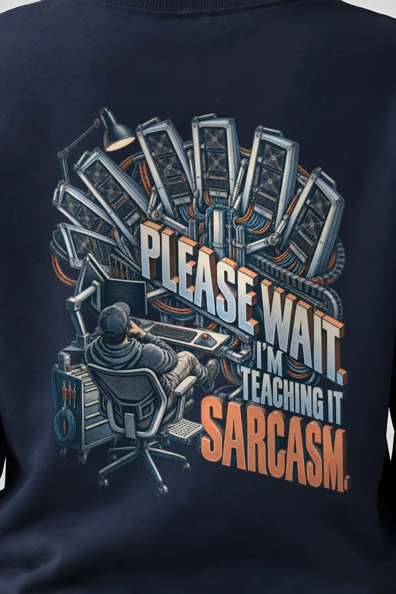 "Please Wait, I’m Teaching It Sarcasm" Heavy Blend Unisex Crewneck Sweatshirt - the graphic up close