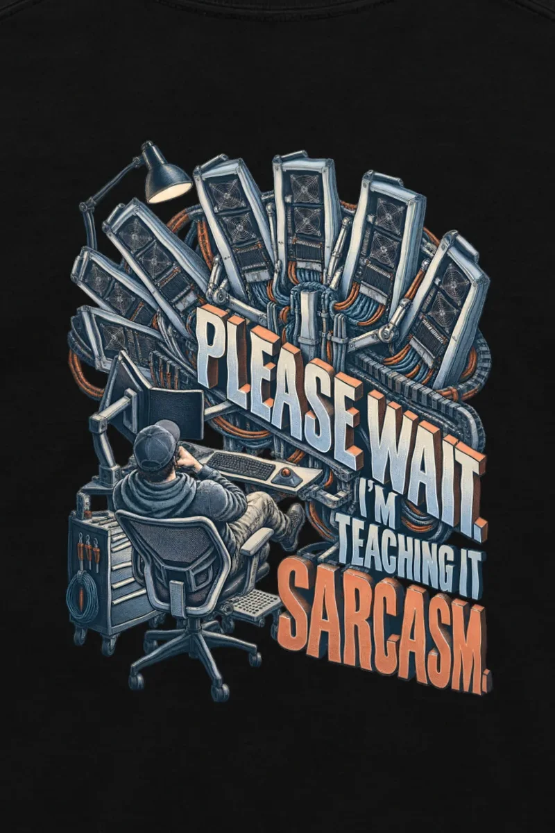 "Please Wait, I’m Teaching It Sarcasm" Unisex Longsleeve T-shirt - the graphic up close