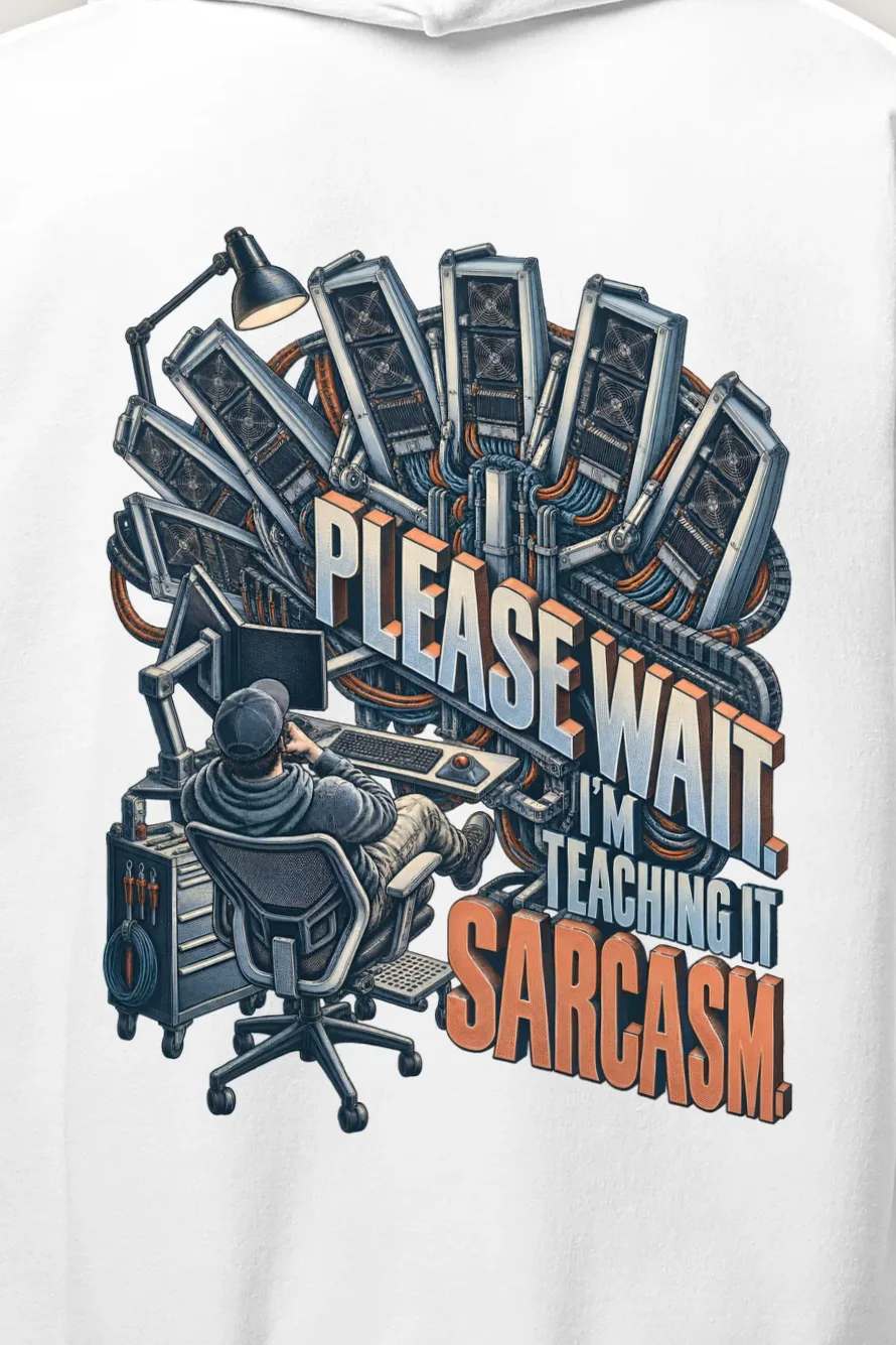 "Please Wait, Teaching It Sarcasm" Heavy Blend Unisex Pullover Hoodie - the graphic up close