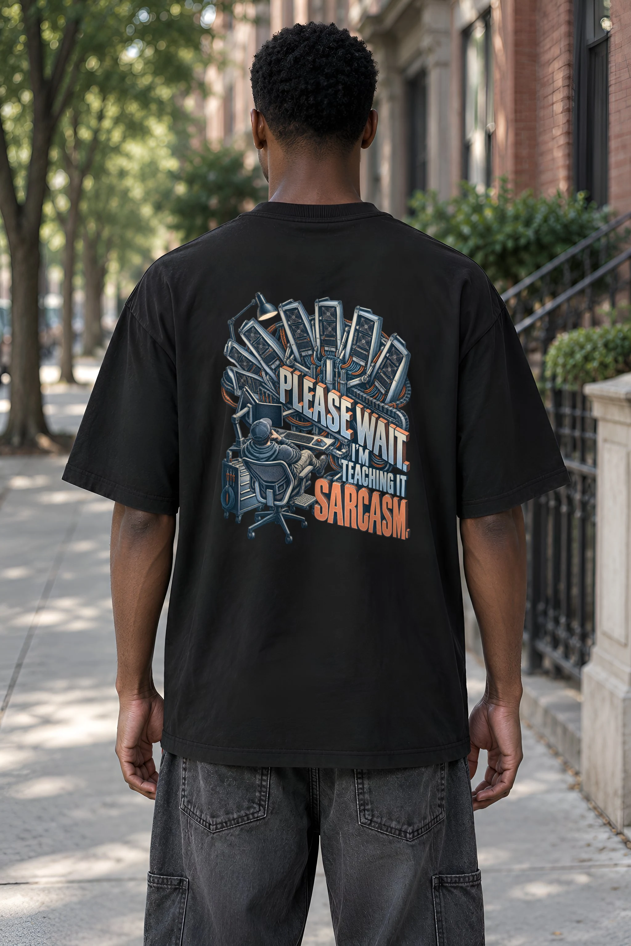 "Please Wait, Teaching It Sarcasm" Men's Oversized Heavyweight Crewneck T-Shirt