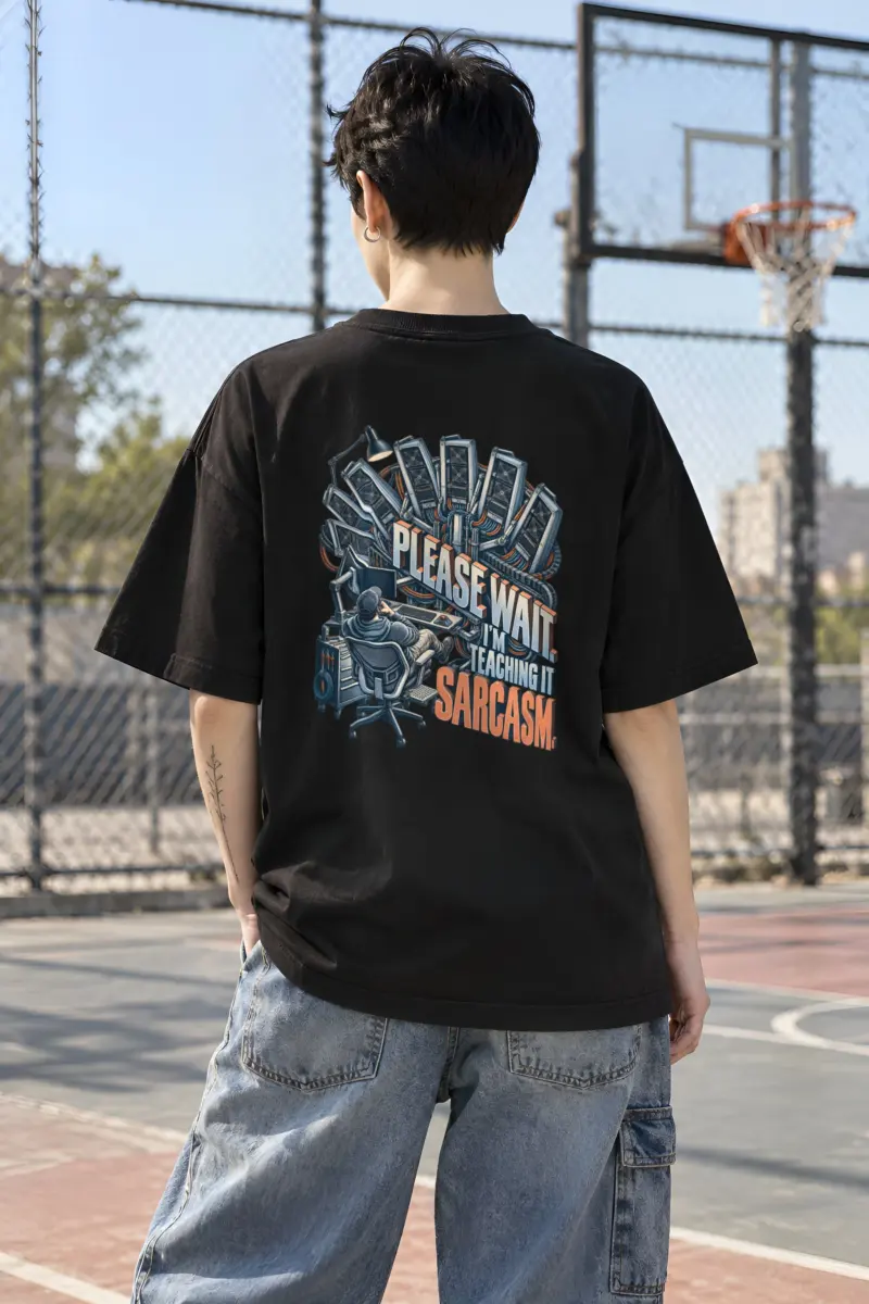 "Please Wait, Teaching It Sarcasm" Unisex Oversized Heavyweight Crewneck T-Shirt