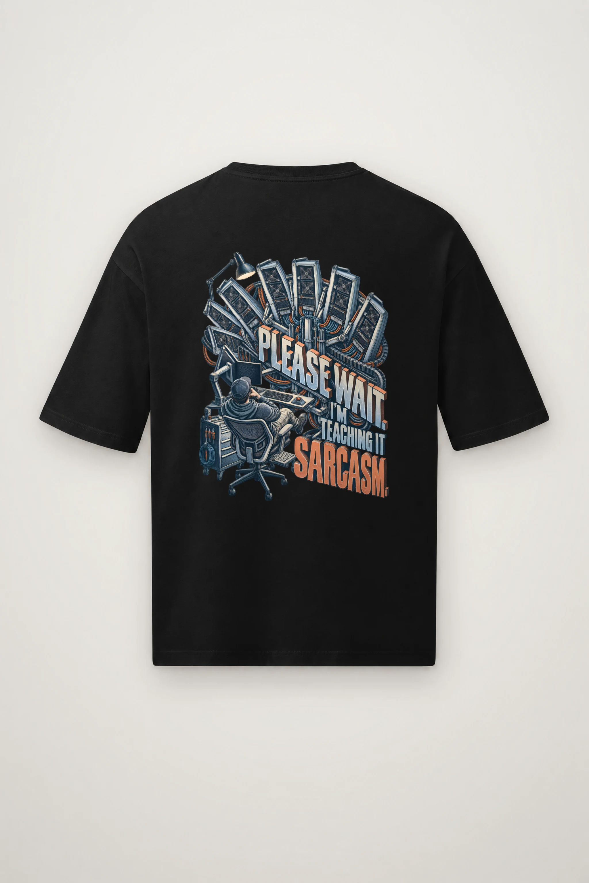 "Please Wait, Teaching It Sarcasm" Men's Oversized Heavyweight Crewneck T-Shirt