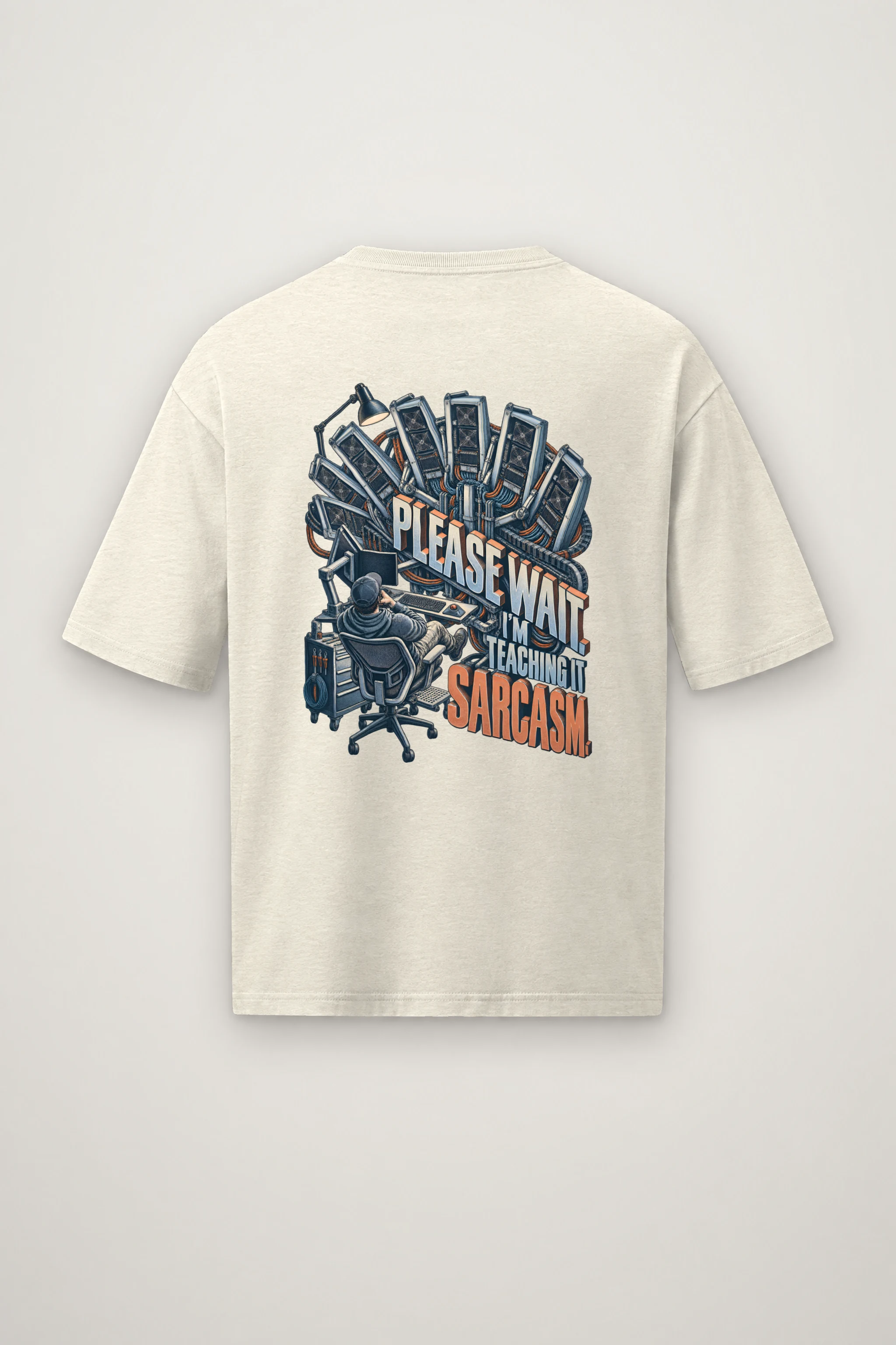 "Please Wait, Teaching It Sarcasm" Men's Oversized Heavyweight Crewneck T-Shirt