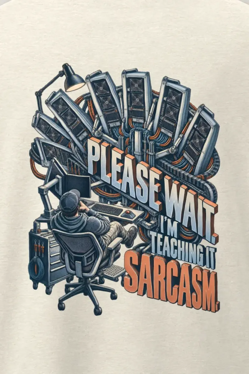 "Please Wait, Teaching It Sarcasm" Men’s Oversized Heavyweight Crewneck T-Shirt - the graphic up close