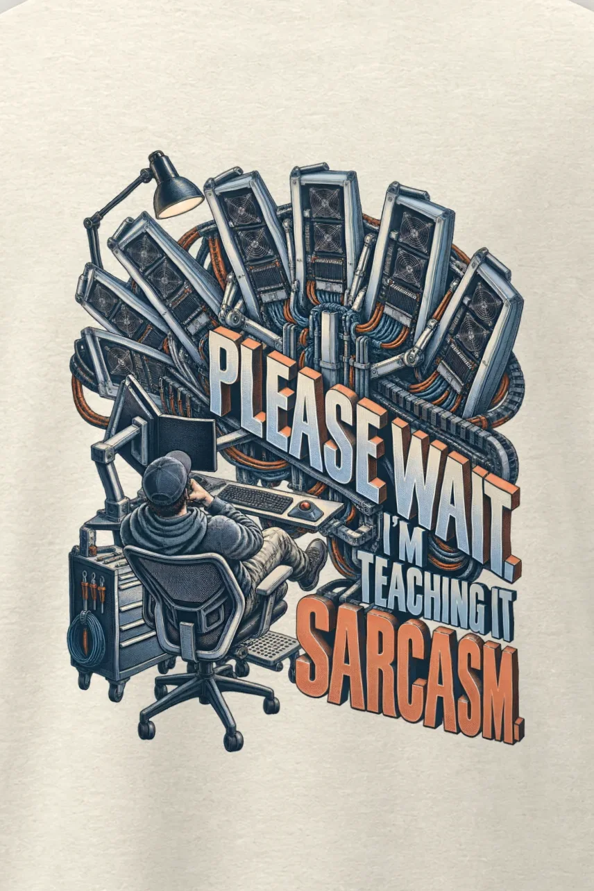 "Please Wait, Teaching It Sarcasm" Men’s Oversized Heavyweight Crewneck T-Shirt - the graphic up close