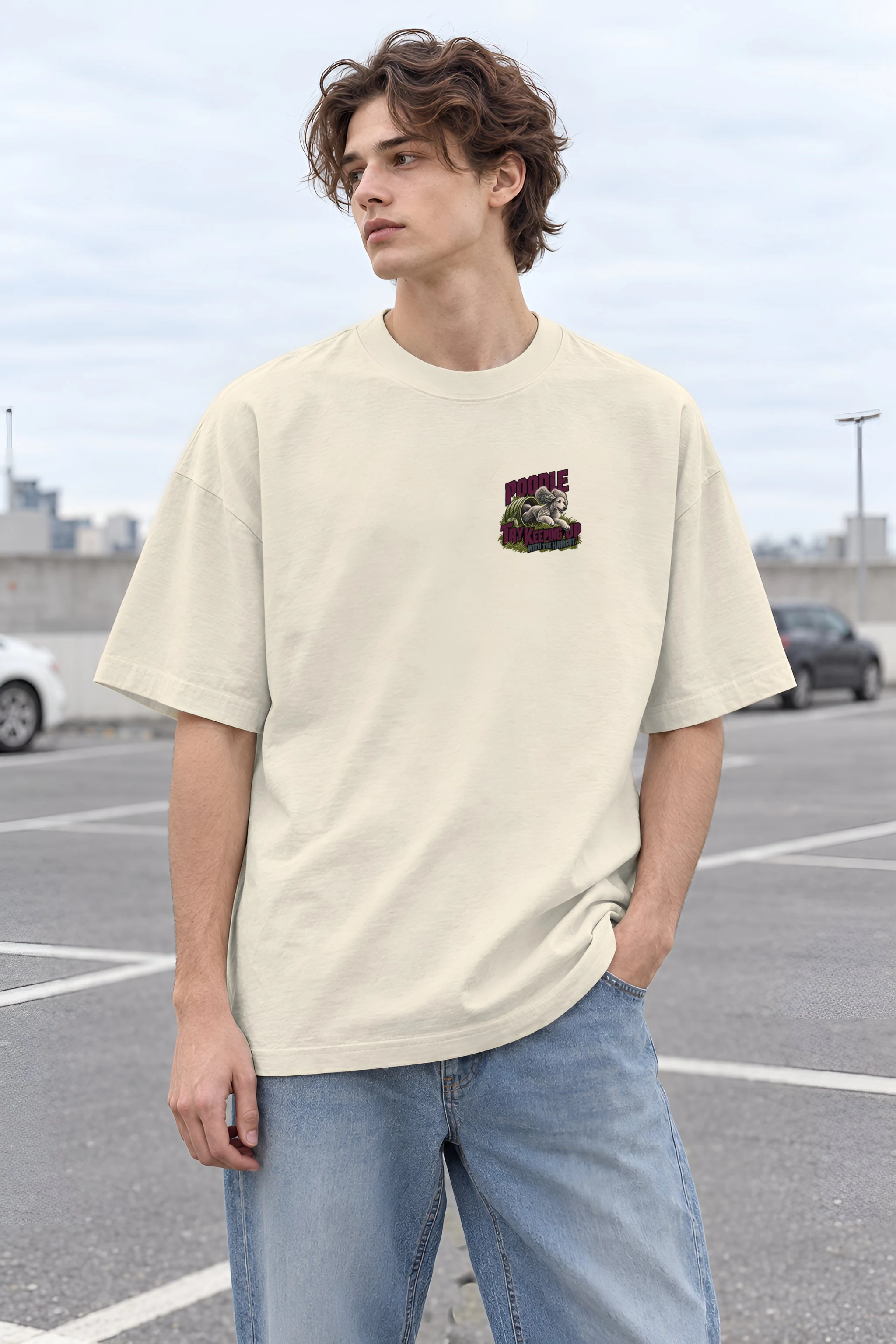 "Poodle Try Keeping Up" Men's Oversized Heavyweight Crewneck T-Shirt