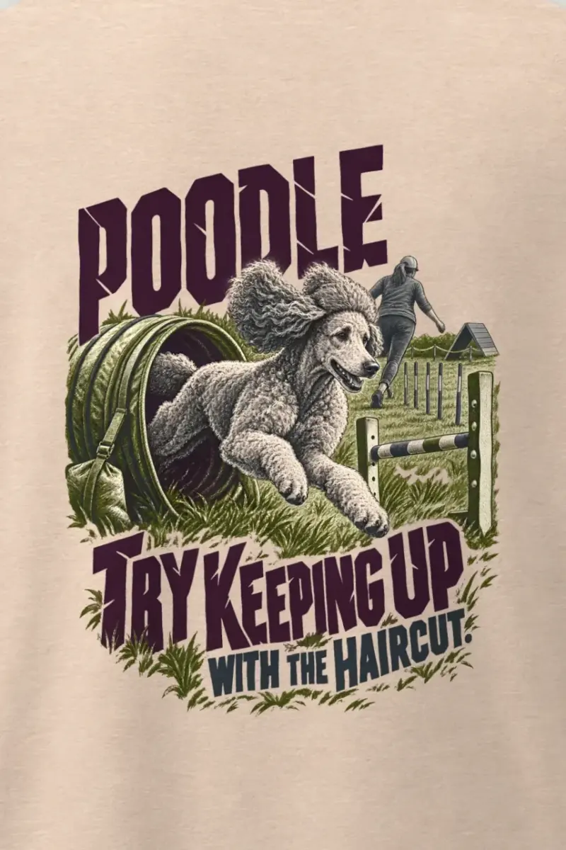"Poodle Try Keeping Up" Men’s Oversized Heavyweight Crewneck T-Shirt - the graphic up close