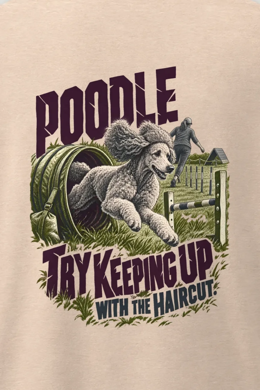 "Poodle Try Keeping Up" Men’s Oversized Heavyweight Crewneck T-Shirt - the graphic up close